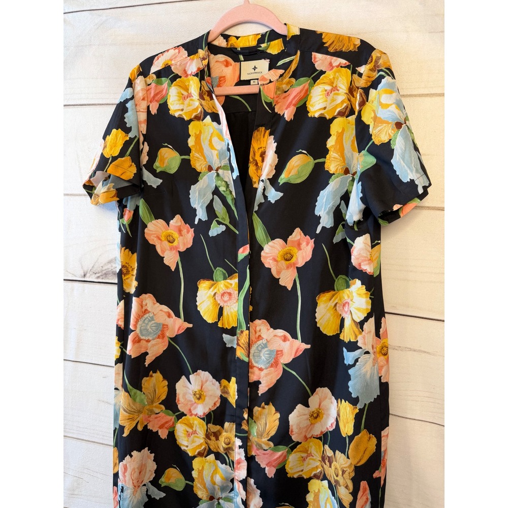 Tuckernuck Floral Maxi Dress Black Yellow Pink Short Sleeve Button Front M - Picture 2 of 7